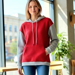 NWT S Oversized Red & Gray Waffle-knit Lightweight Hoodie Sweatshirt